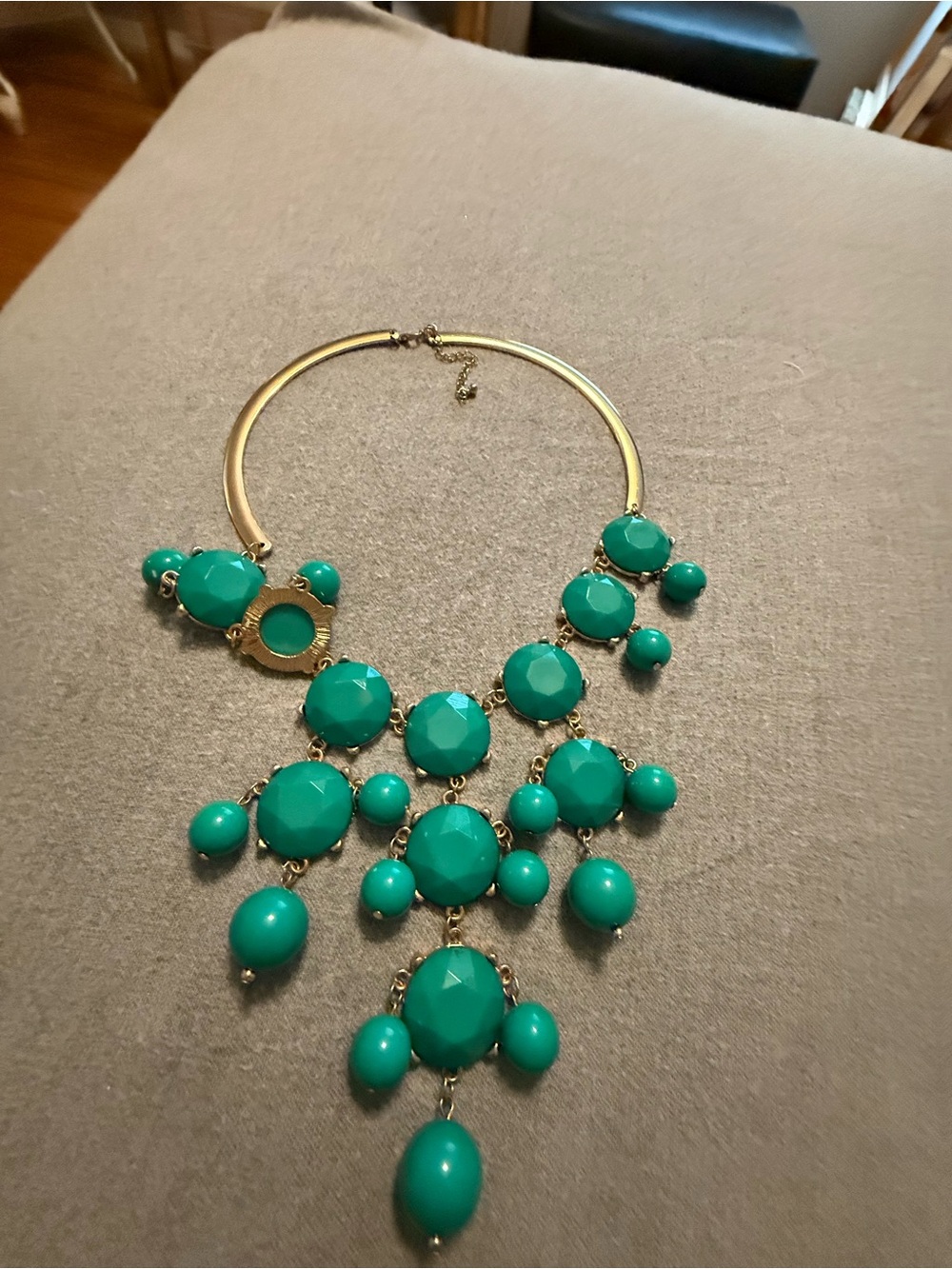 Gold-Tone Statement Necklace with Teal Green Gem Drops